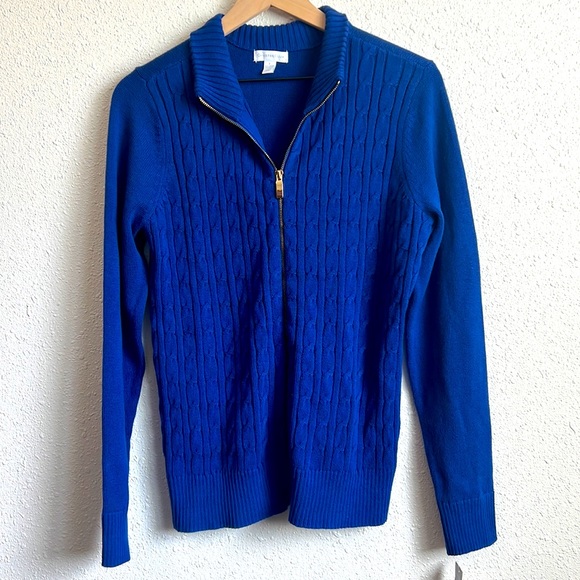 NWT Charter Club Cable Knit Full Zip Yarn Cobalt Blue Sweater Jacket Size Large - Picture 1 of 5